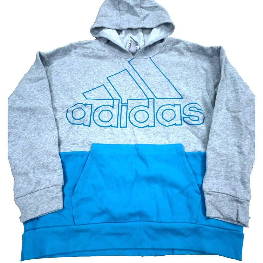 Adidas Hoodie Girls XL Blue Gray Sweatshirt Colorblock Spell Out Logo Youth Kids